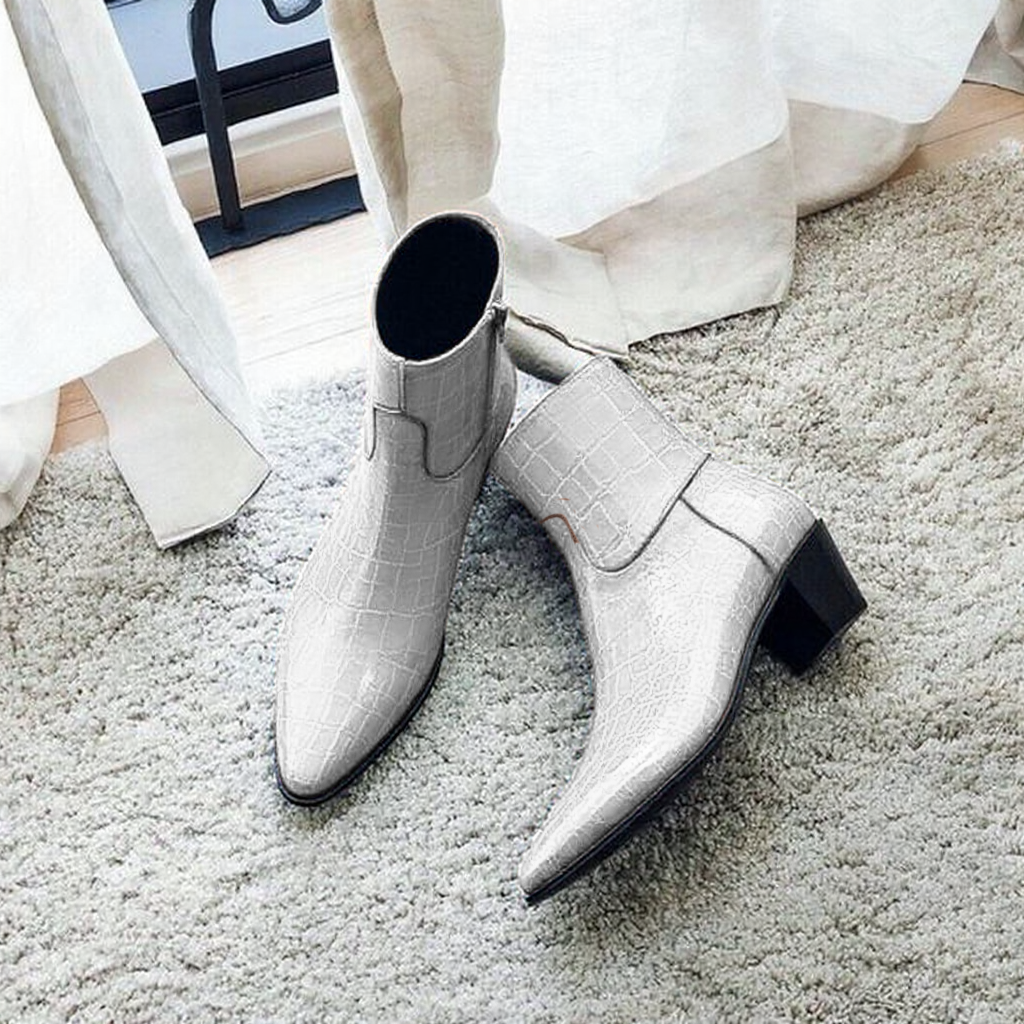 White Croc Print Leather Fiorina Slip On Zipper Pointed Boots for Men - ITALIAN AW26