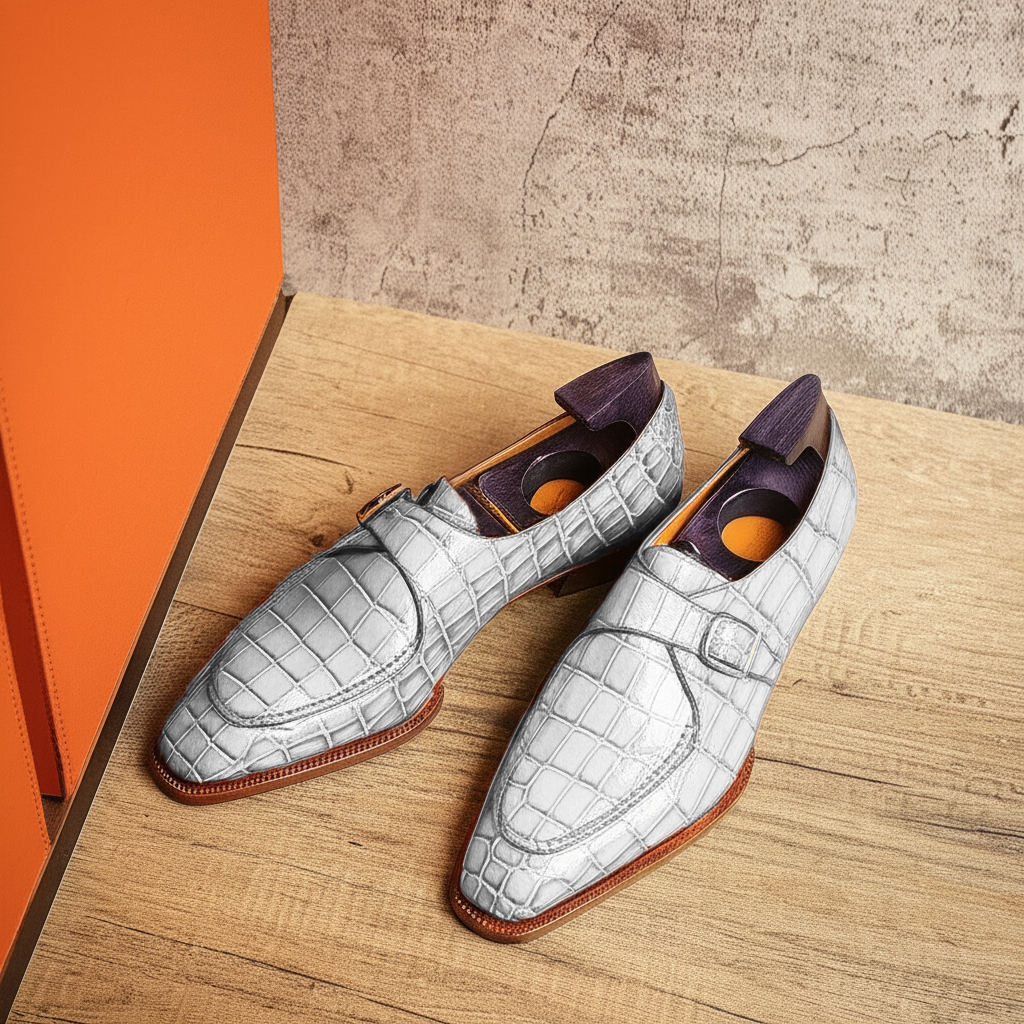 White Croc Print Leather Algarve Single Monk Straps - AW24