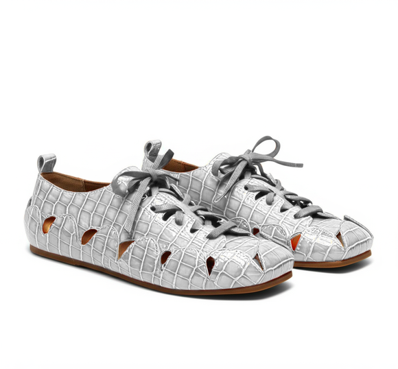 White Croc Print Leather Amigo Lace-Up Sneakers