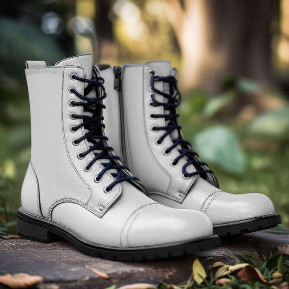 White Leather Belinda Chunky Hiking Combat Lace Up Zipper Boots