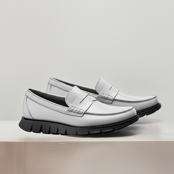 White Leather Evarado Penny Loafers with Black Hybrid Sole - SS23