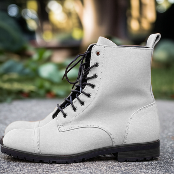 White Suede Leather Belinda Chunky Hiking Combat Lace Up Zipper Boots
