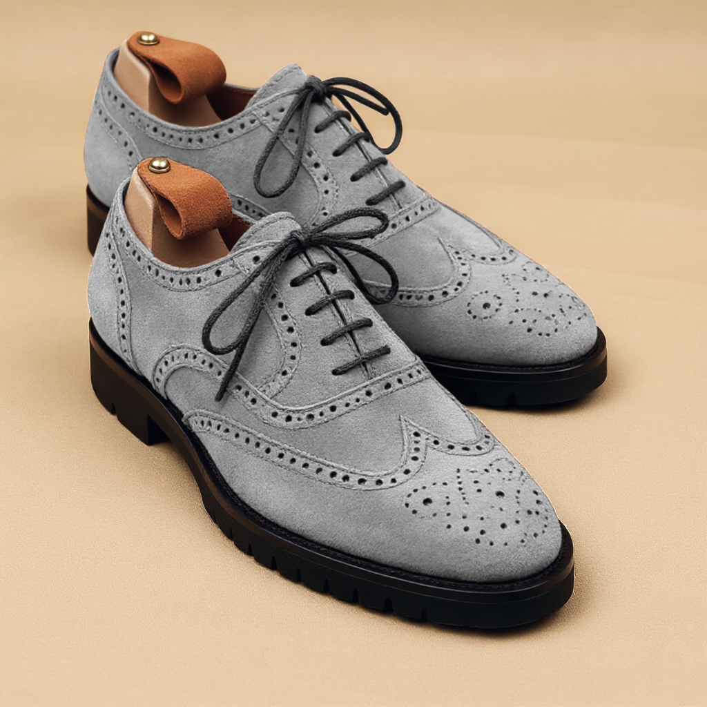 White Suede Leather Rene Brogue Chunky Oxfords Shoes WORK EDITION