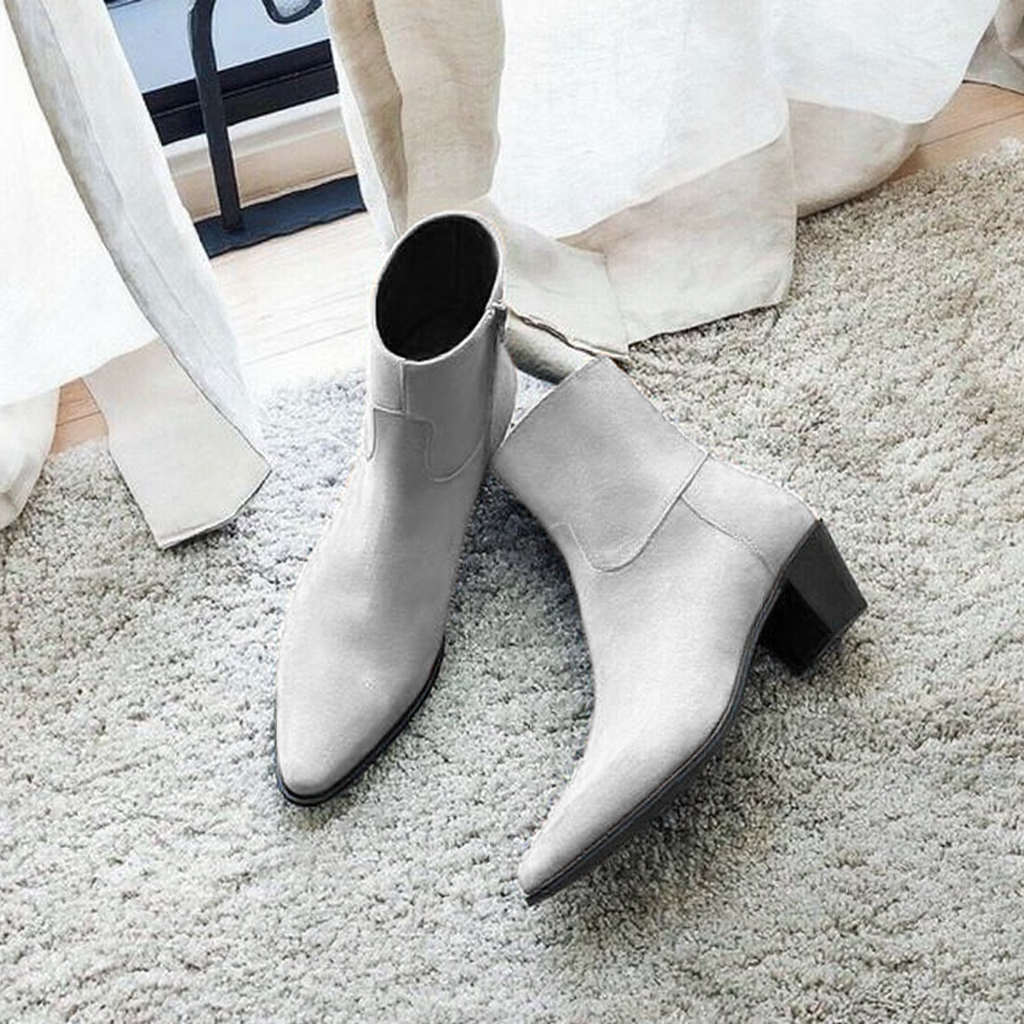 White Suede Leather Fiorina Slip On Zipper Pointed Boots for Men - ITALIAN AW26