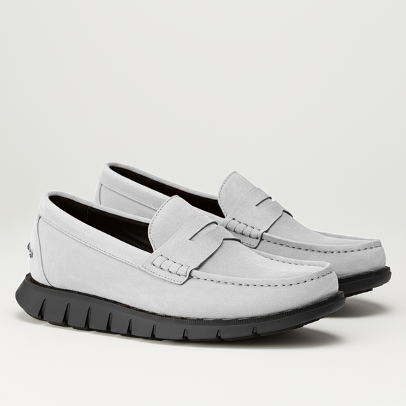 White Suede Leather Evarado Penny Loafers with Black Hybrid Sole - SS23
