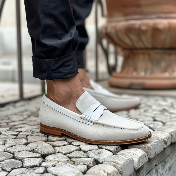 White Suede Leather Anacleto Loafers