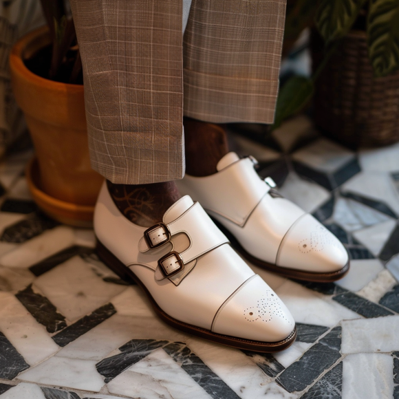 White Suede Leather Ansovino Monk Straps