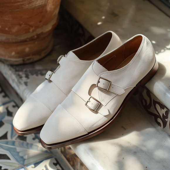 White Suede Leather Apollonio Monk Straps