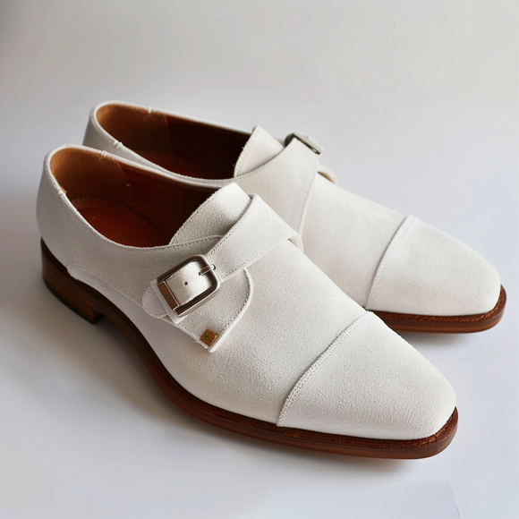 White Suede Leather Arcibaldo Monk Straps