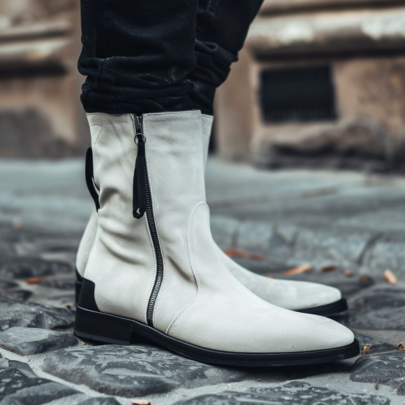 White Suede Leather Baldassarre Zipper Boots