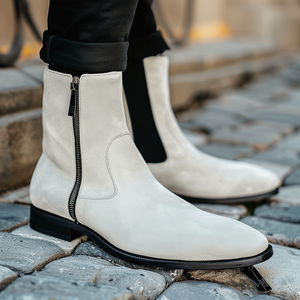 White Suede Leather Baldovino Zipper Boots