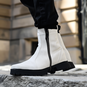 White Suede Leather Basilio Zipper Boots