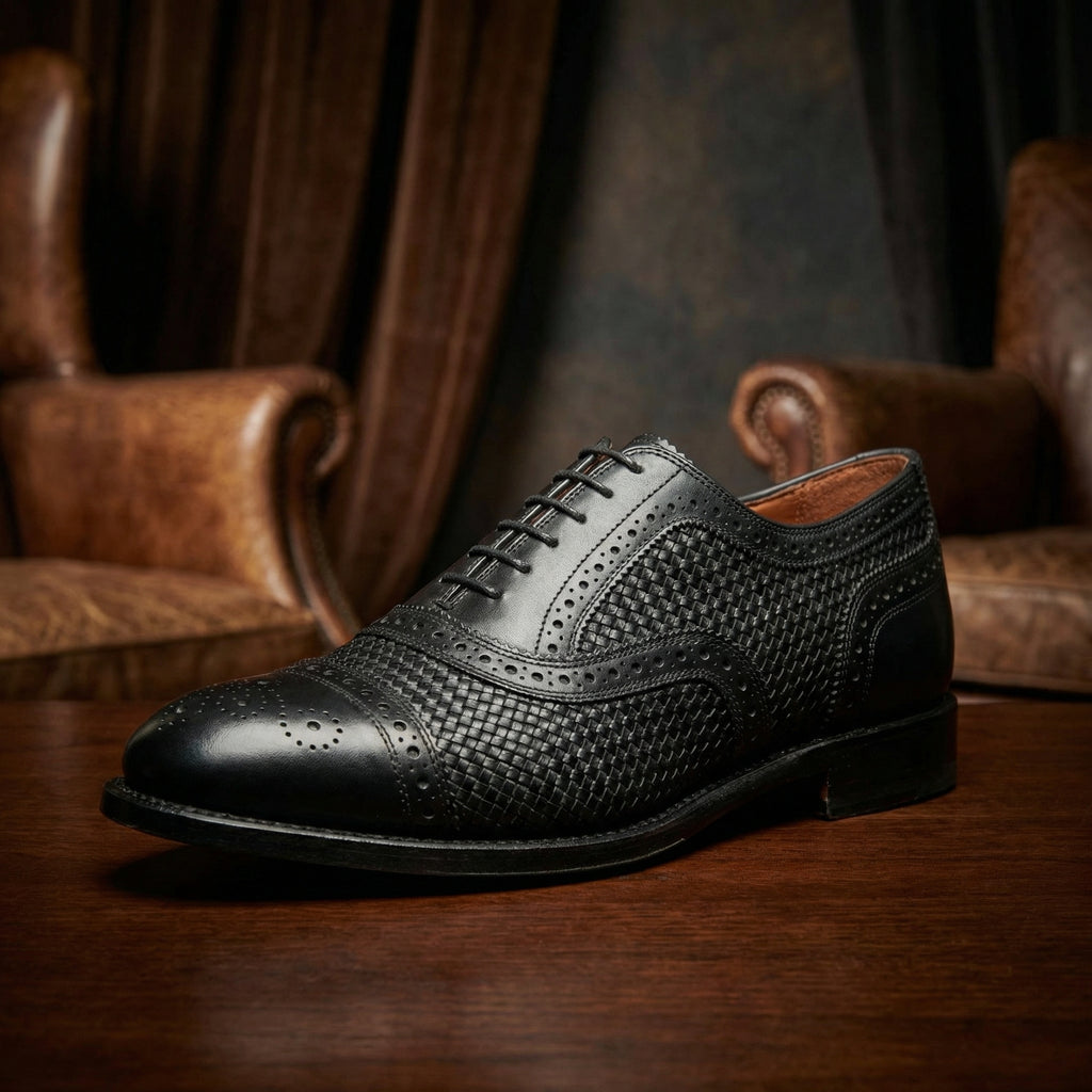 Height Increasing Black Braided Leather Morice Brogue Oxfords