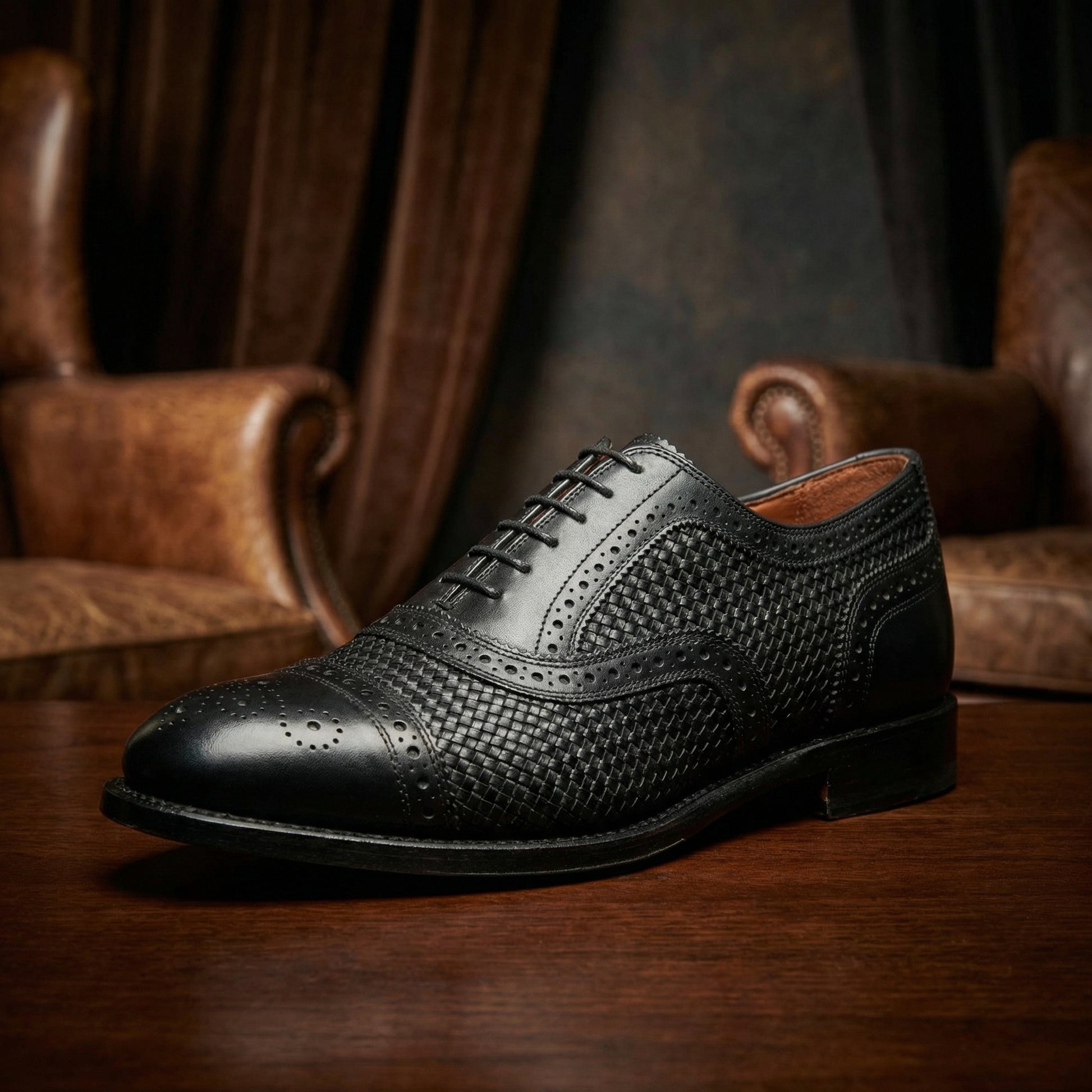 Height Increasing Black Braided Leather Morice Brogue Oxfords