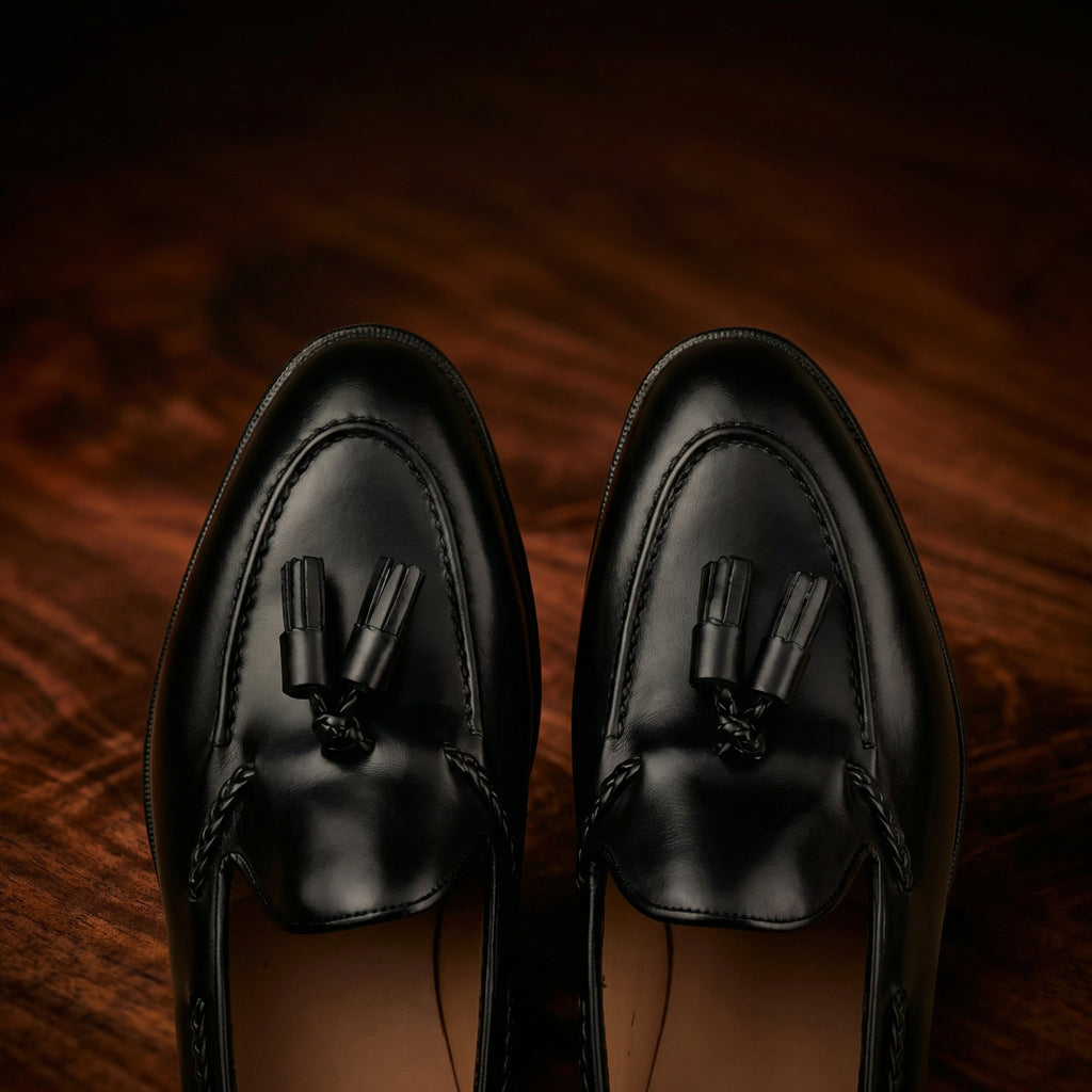 Height Increasing Black Leather Swale Tassel Loafers