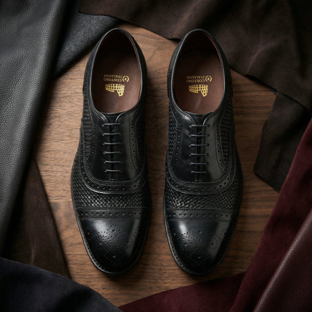Height Increasing Black Braided Leather Morice Brogue Oxfords