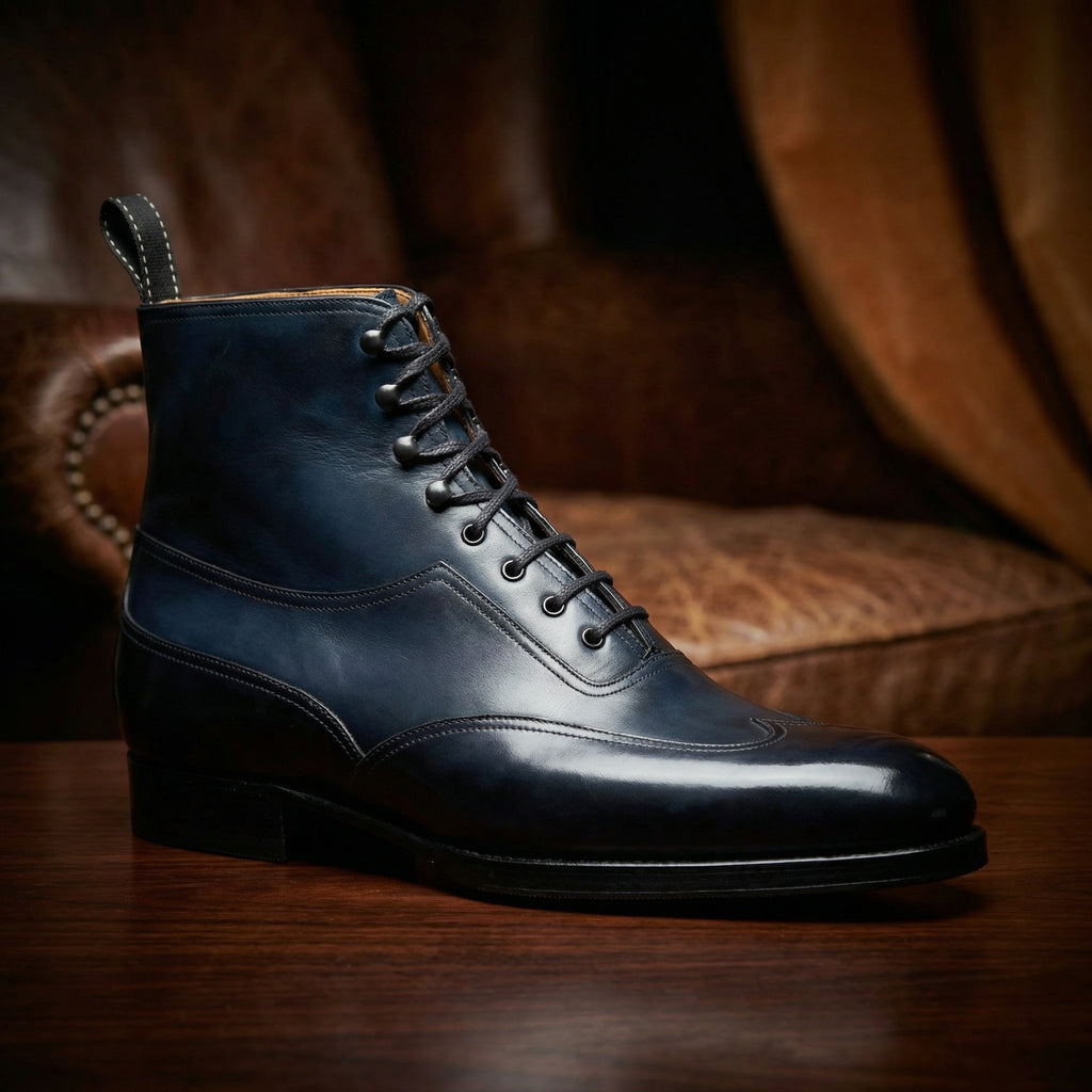 Navy Blue Leather Hendon Lace Up Boots