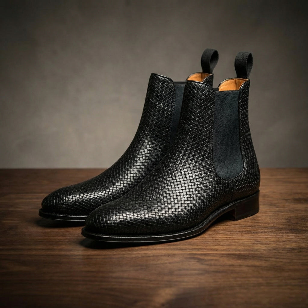 Black Braided Leather Fenland Slip On Chelsea Boots