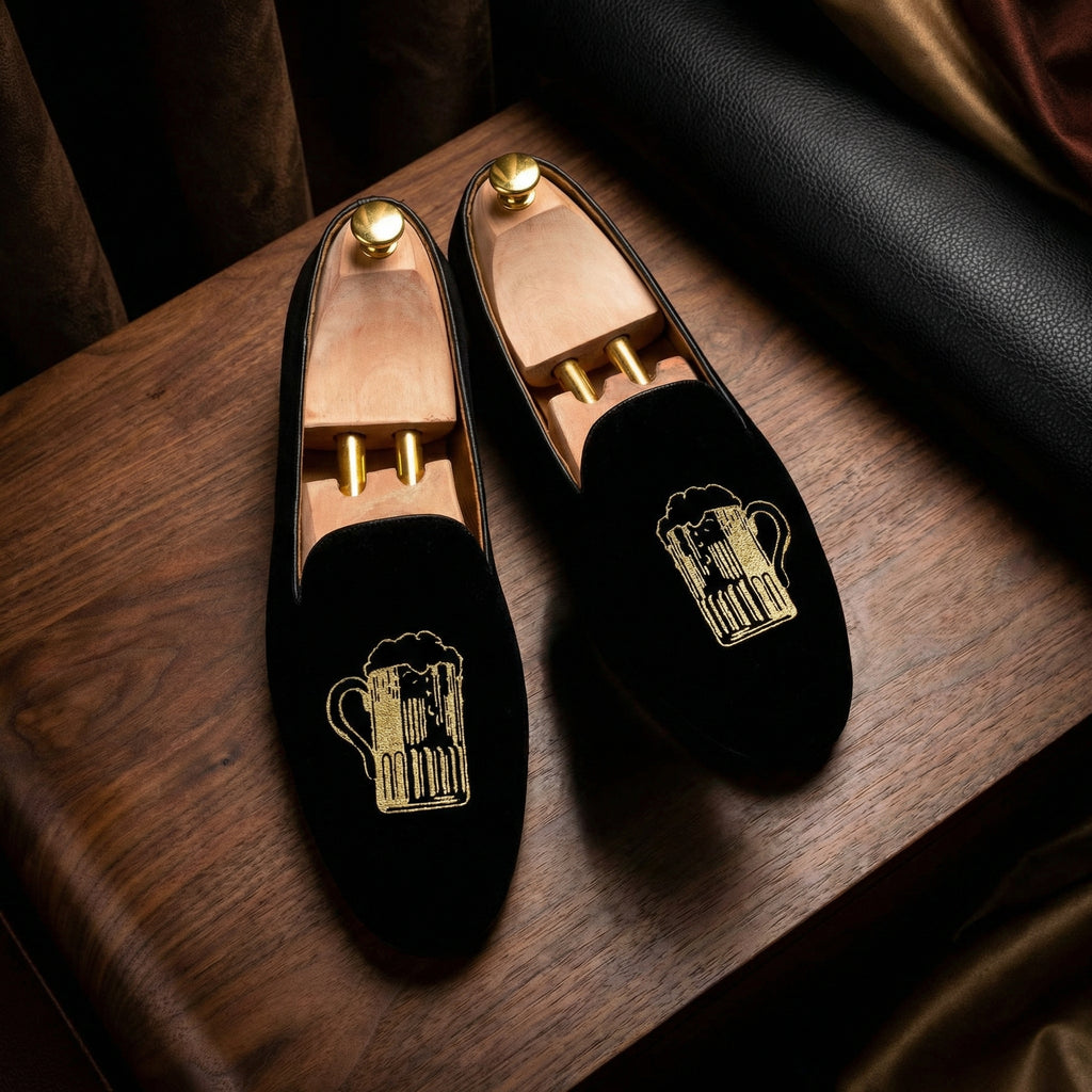 Blue Velvet Beer Embroidered Loafers