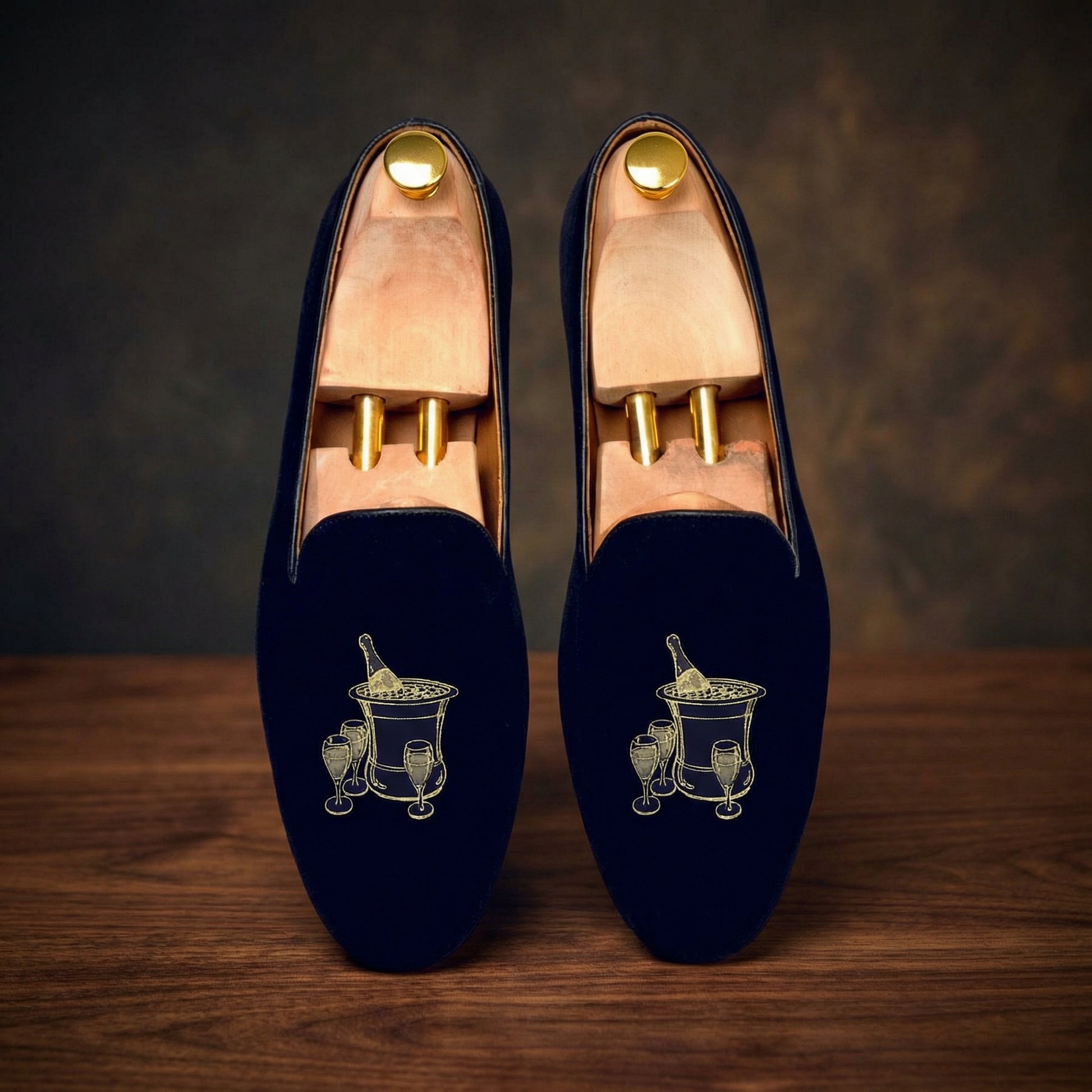 Blue Velvet Champagne Party Embroidered Loafers