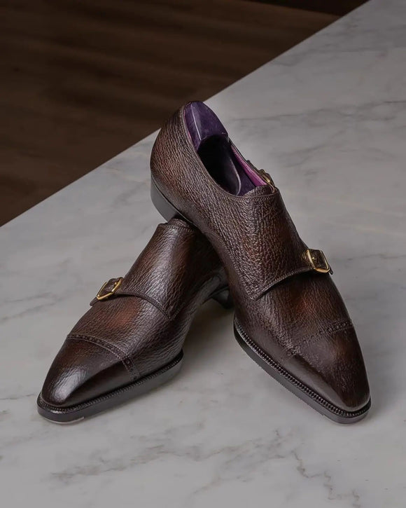 Brown Leather Classic Supreme  Monk Straps Shoes