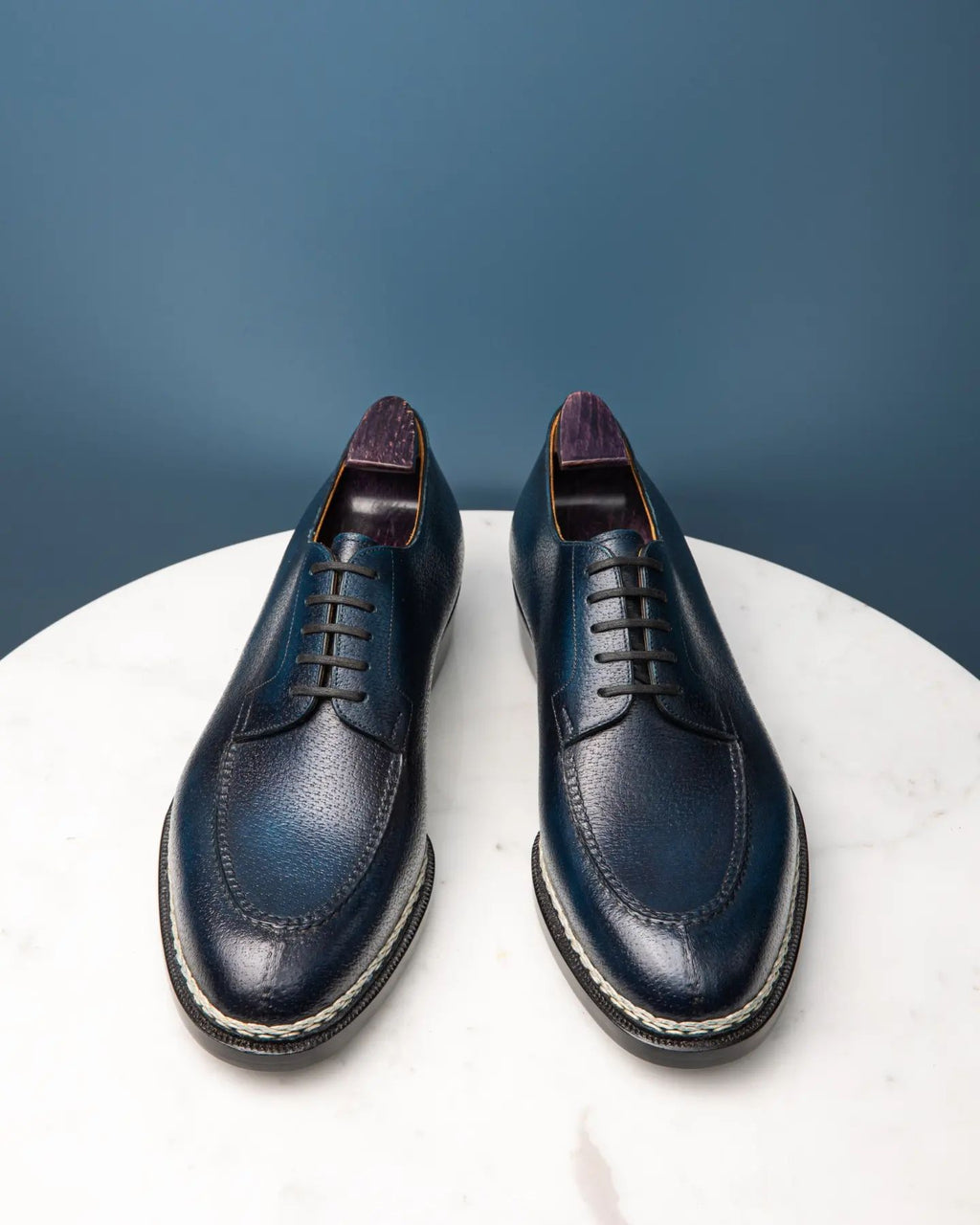 Navy Blue Leather Sharp Style Lace Up Derby Shoes - Summer 2024 Collection