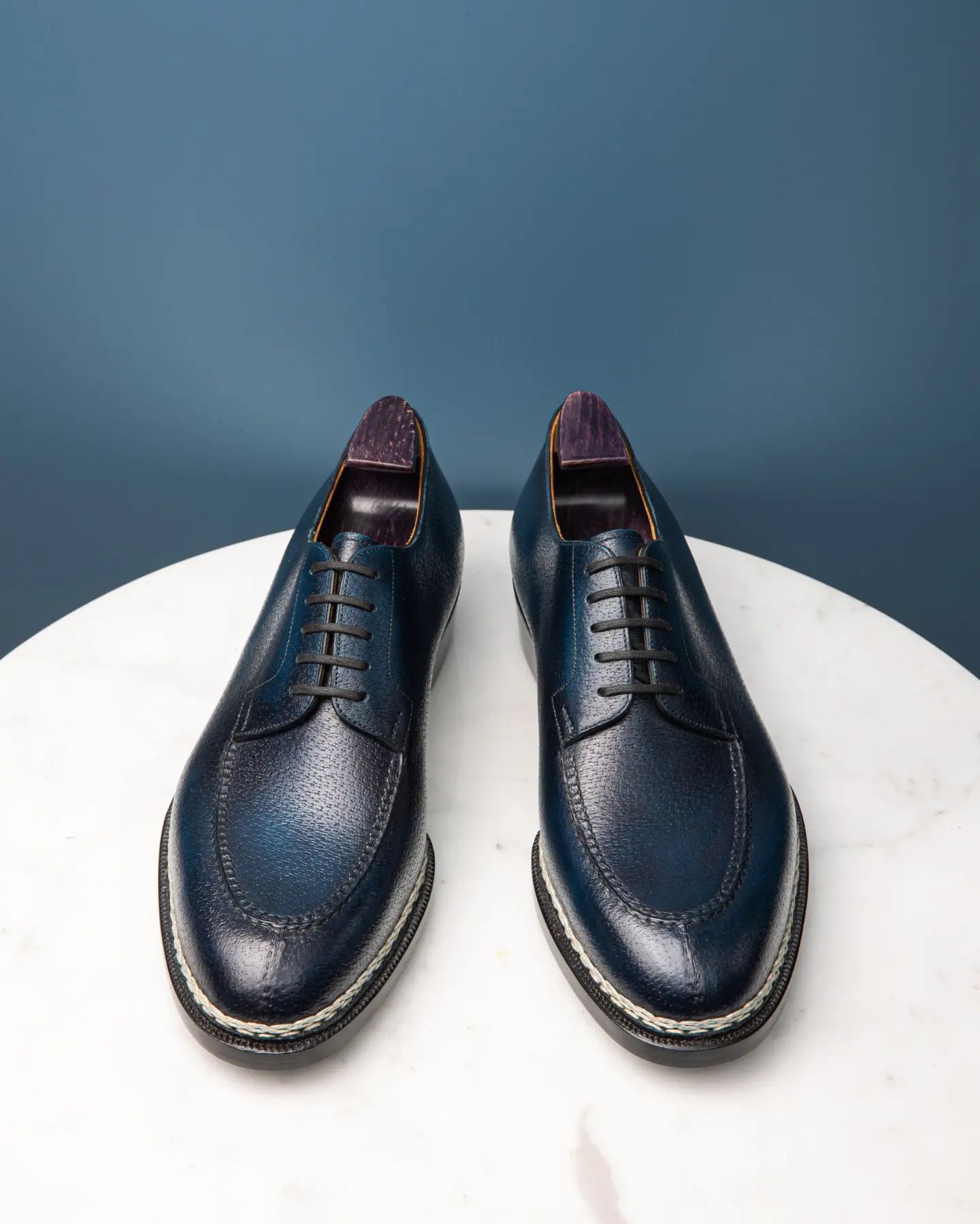 Navy Blue Leather Sharp Style Lace Up Derby Shoes - Summer 2024 Collection