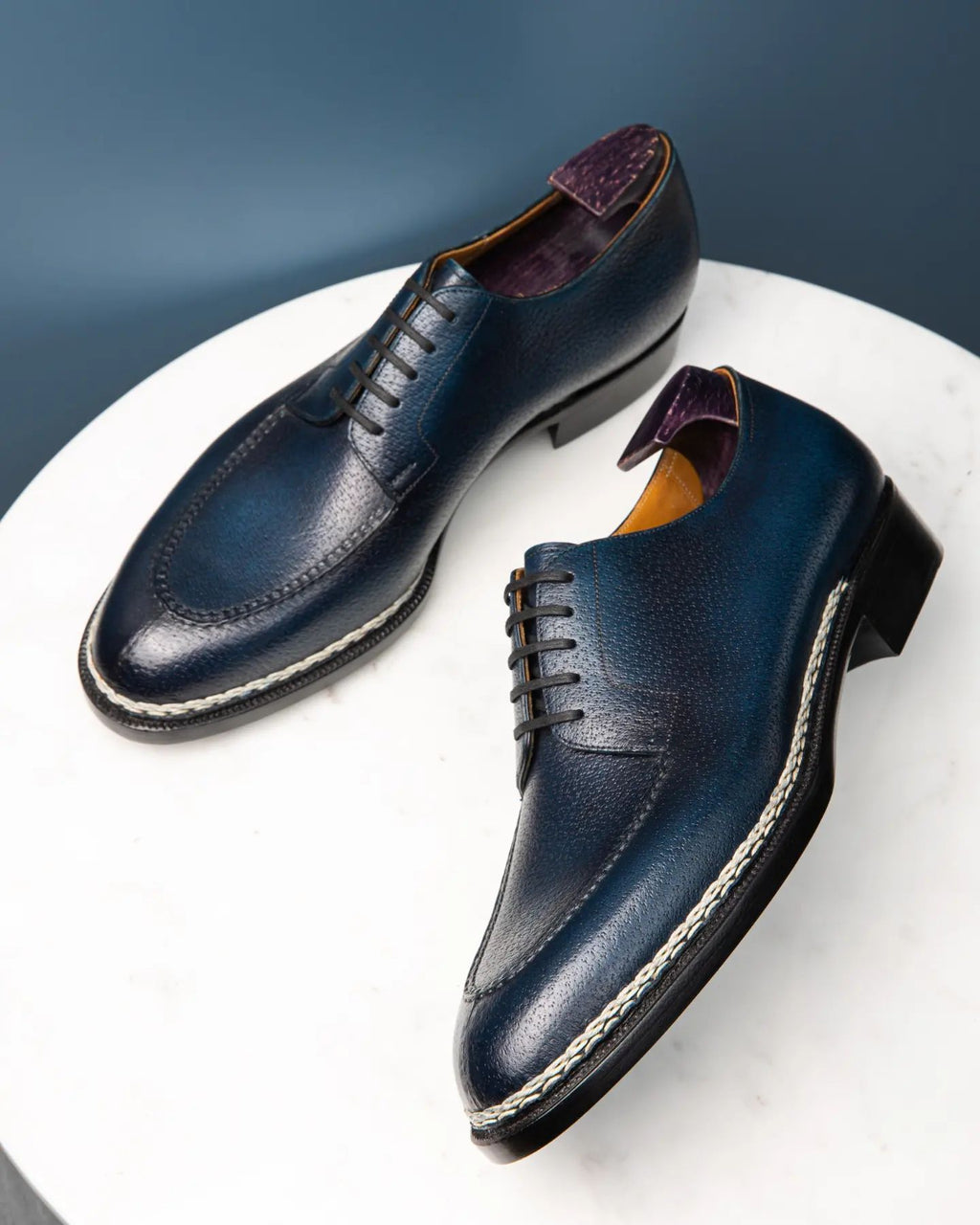 Navy Blue Leather Sharp Style Lace Up Derby Shoes - Summer 2024 Collection