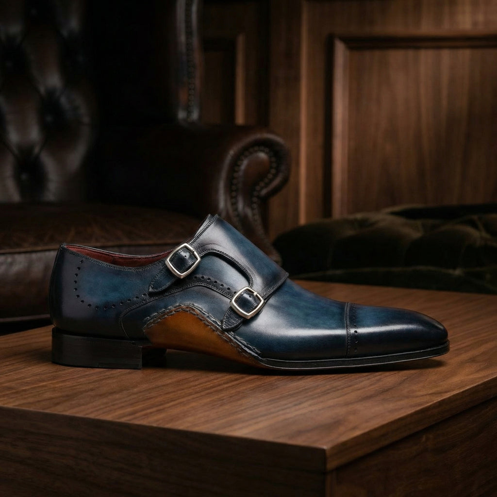Navy Blue Leather Victoria Monk Strap Shoes