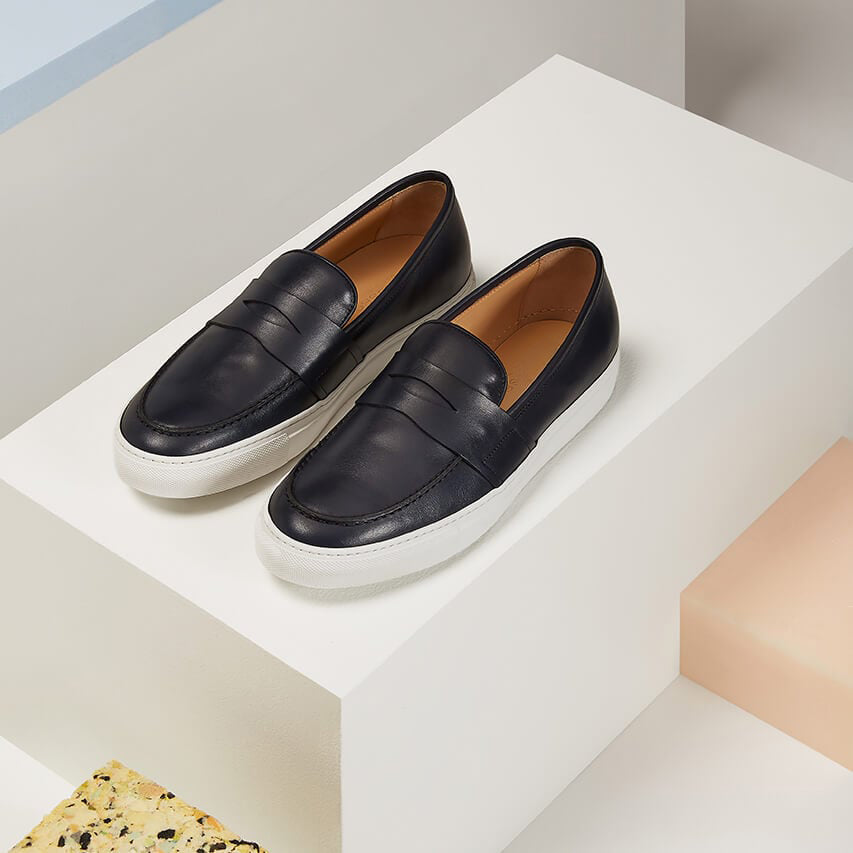 Black Leather Phoebe Slip On Penny Sneakers with White Soles