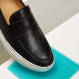 Black Leather Phoebe Slip On Penny Sneakers with White Soles