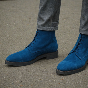 Blue Suede Leather Likech Lace Up Combat Boots -AW24