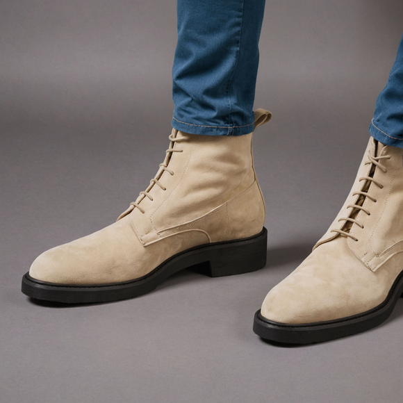 Cream Suede Leather Likech Lace Up Combat Boots -AW24