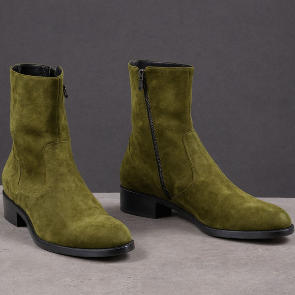 Green Suede Leather Draven Zipper Boots - AW24