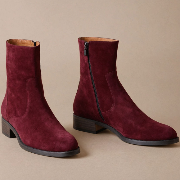 Burgundy Suede Leather Draven Zipper Boots - AW24