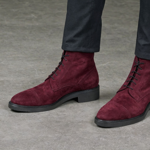 Burgundy Suede Leather Likech Lace Up Combat Boots -AW24