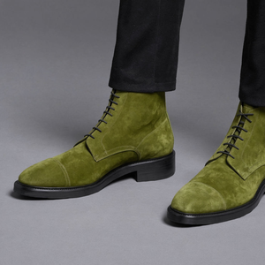 Green Suede Leather Likech Lace Up Combat Boots -AW24