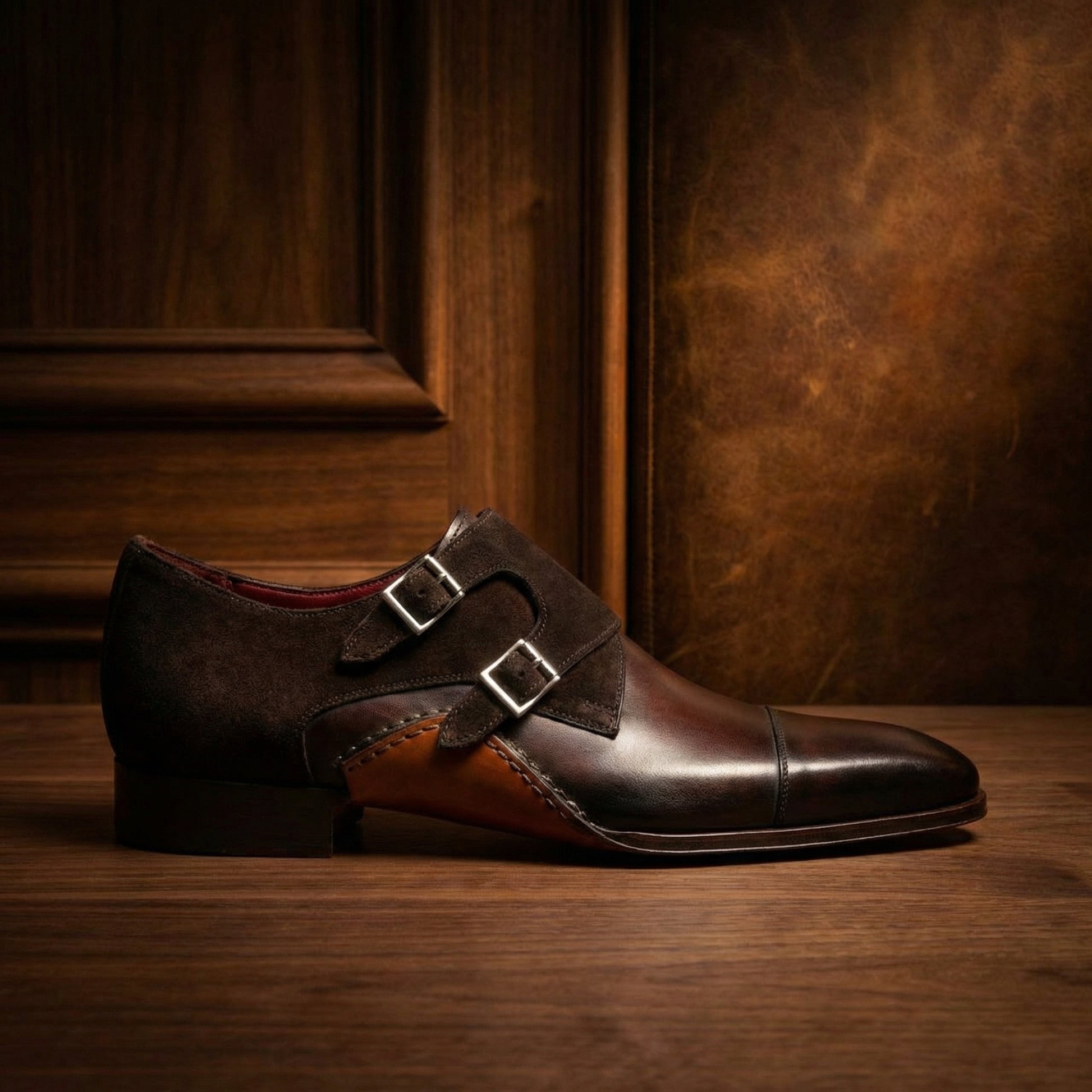 Height Increasing Brown Leather & Sude Bourke Monk Straps Shoes