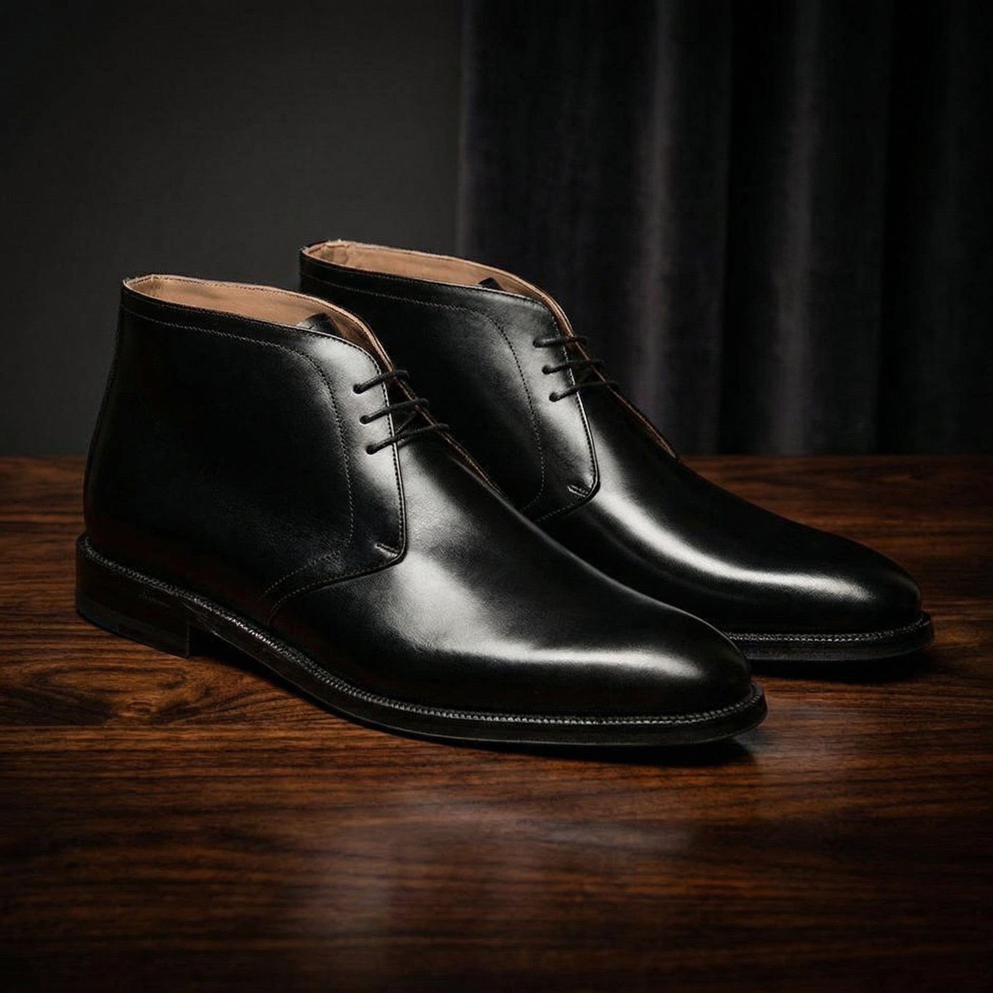 Height Increasing Black Leather Fylde Lace Up Chukka Boots