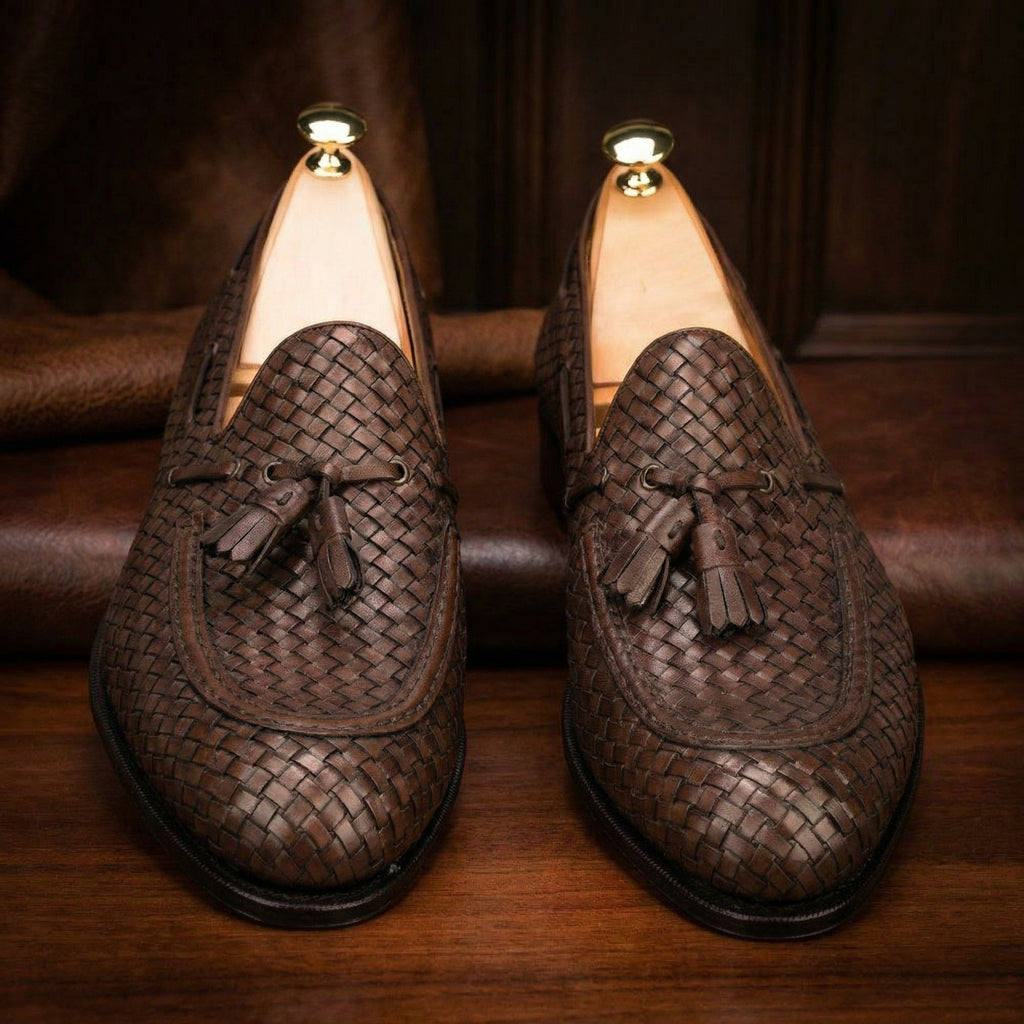 Brown Hand Woven Braided Leather Acton Tassel Loafers -  Casual Shoes Collection