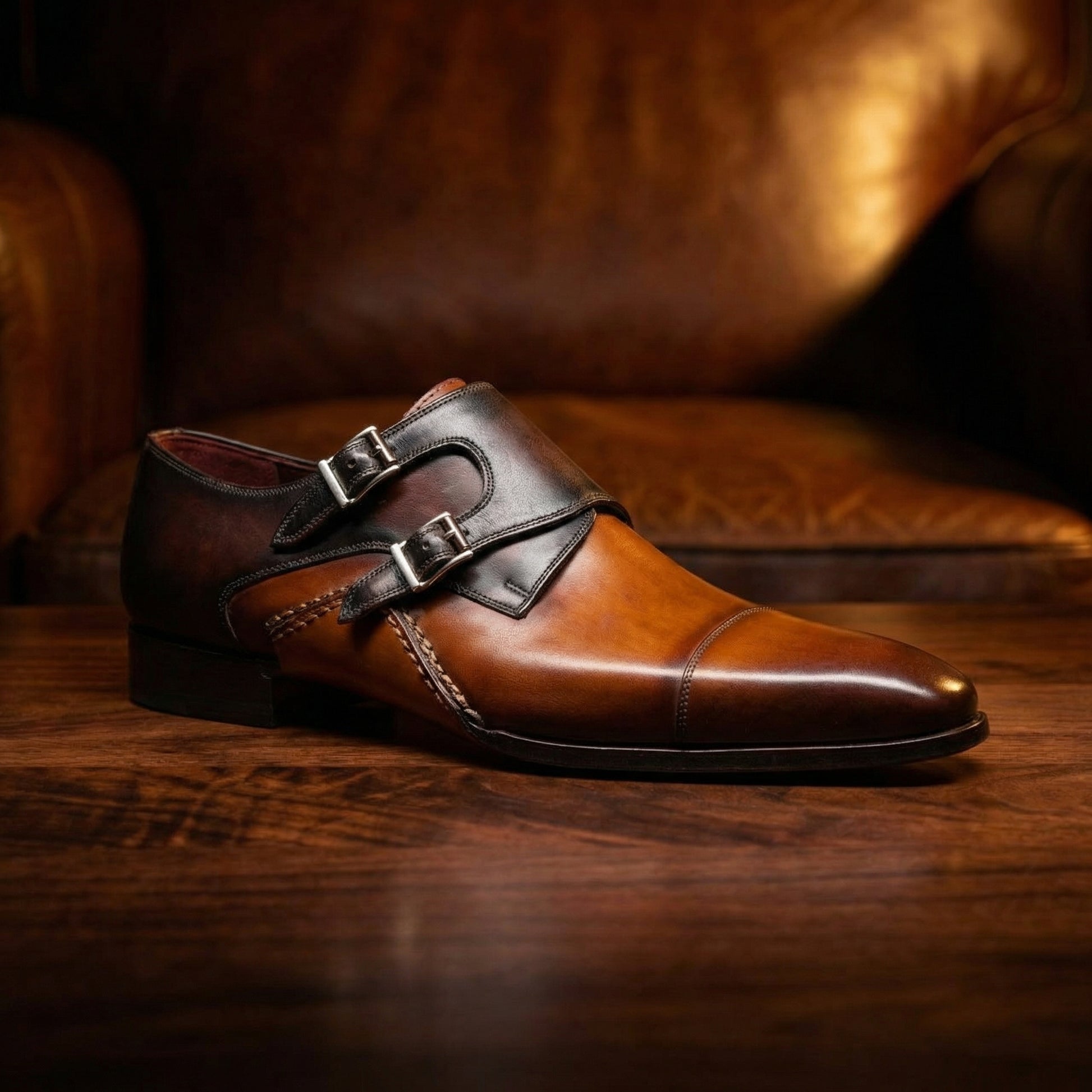 Tan & Brown Leather Cooma Monk Straps Shoes
