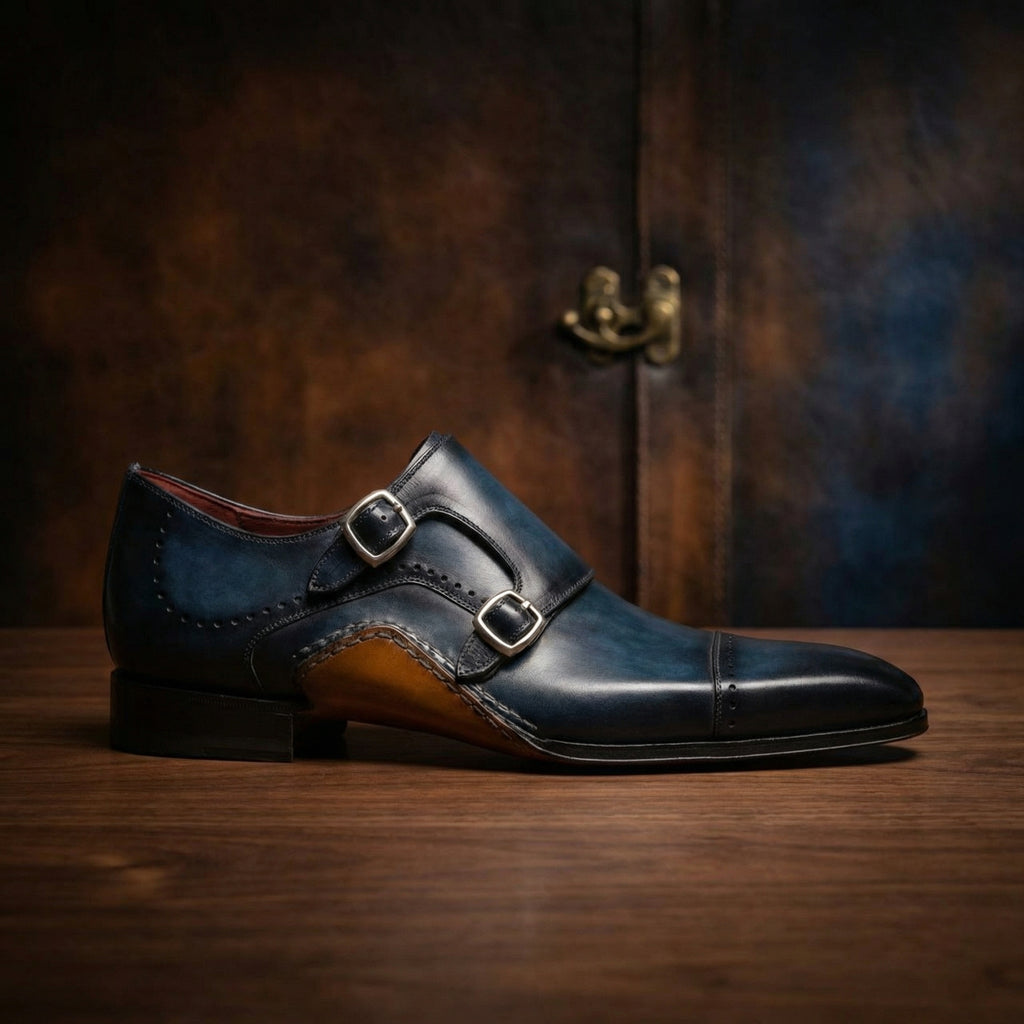 Height Increasing Navy Blue Leather Victoria Monk Strap Shoes