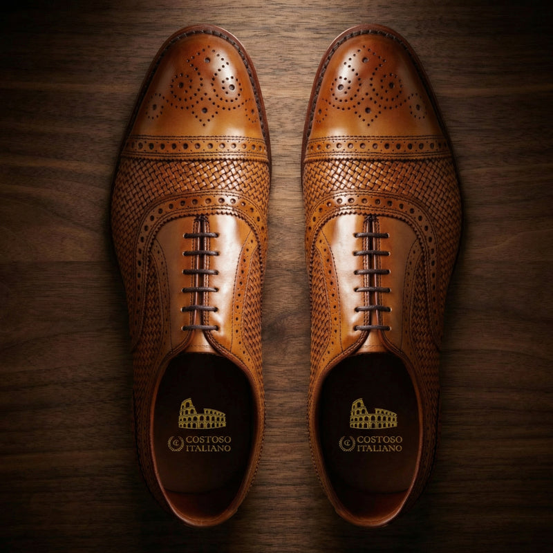 Tan Braided Leather Morice Brogue Oxfords