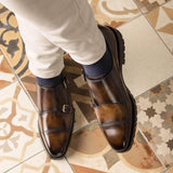 Tan  and Brown Leather Classic Crusaders Castle Monk Straps Shoes