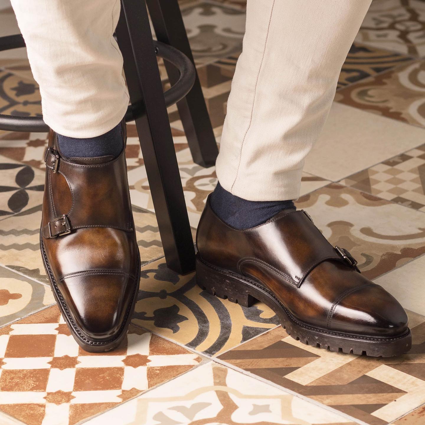 Tan  and Brown Leather Classic Crusaders Castle Monk Straps Shoes