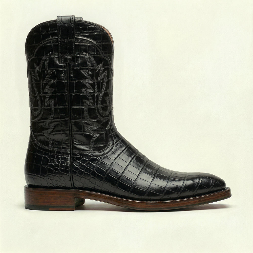 Black Croc Print Leather Lucente Cowboy Boot