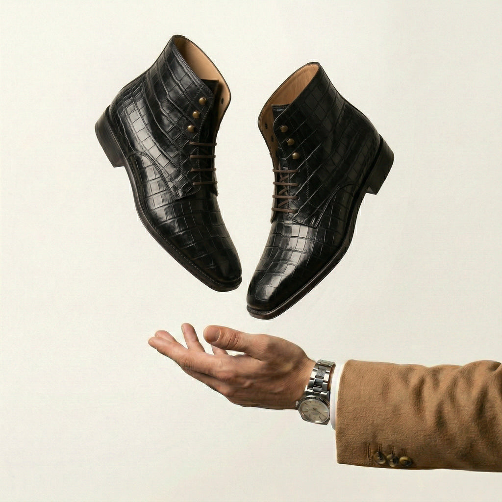 Black Croc Print Leather Lucente Derby Boot
