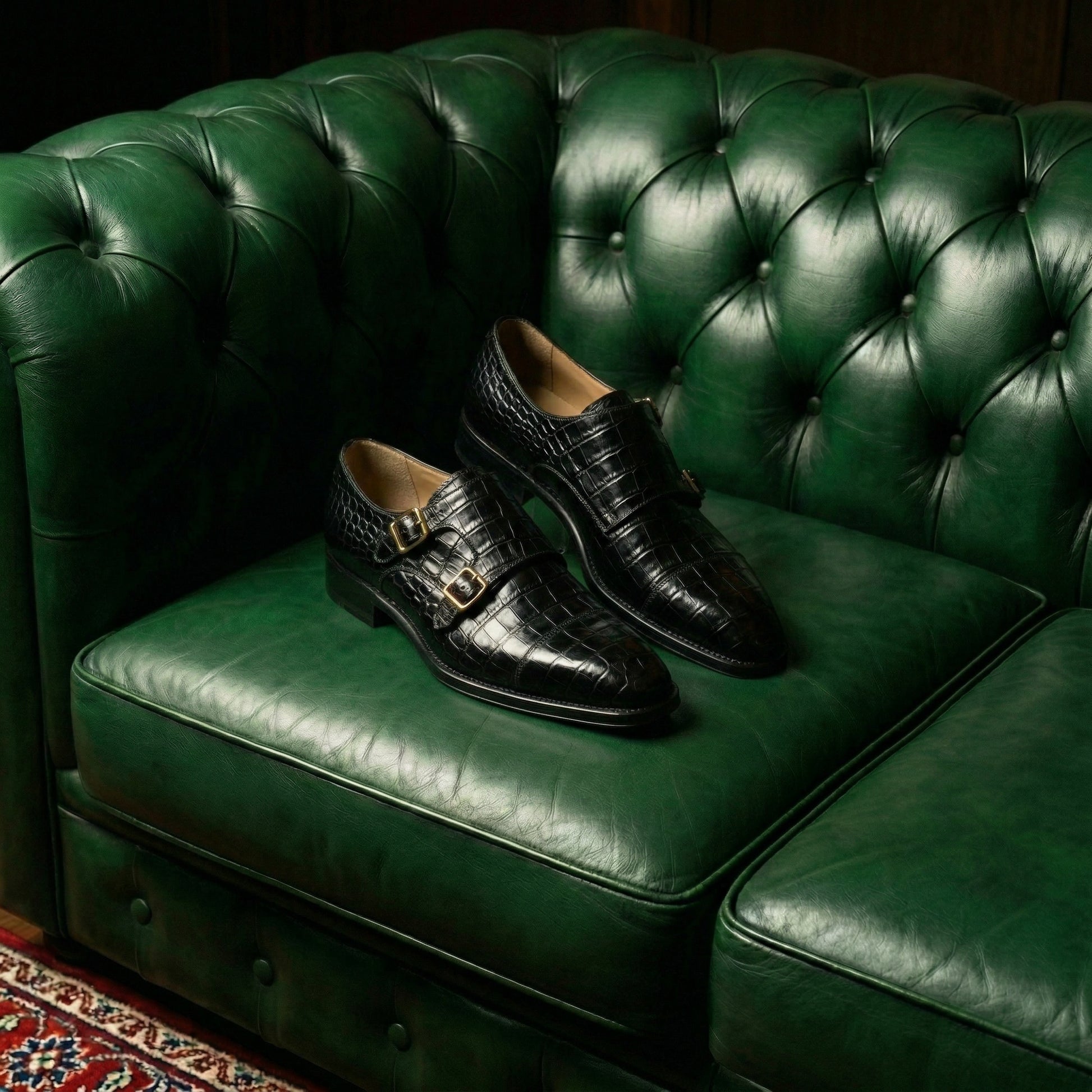 Black Croc Print Leather Lucente Double Monk Strap Shoe