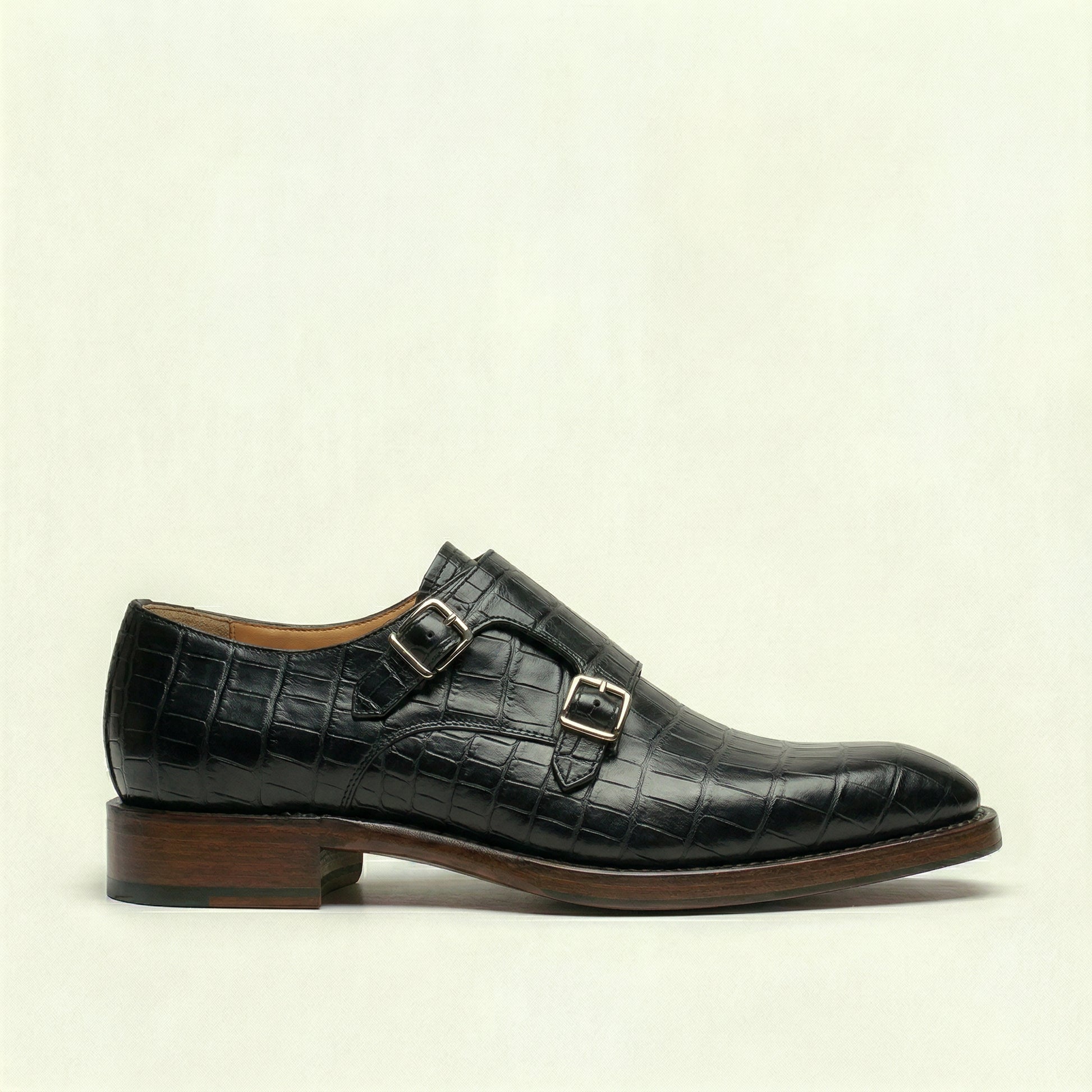 Black Croc Print Leather Lucente Double Monk Strap Shoe