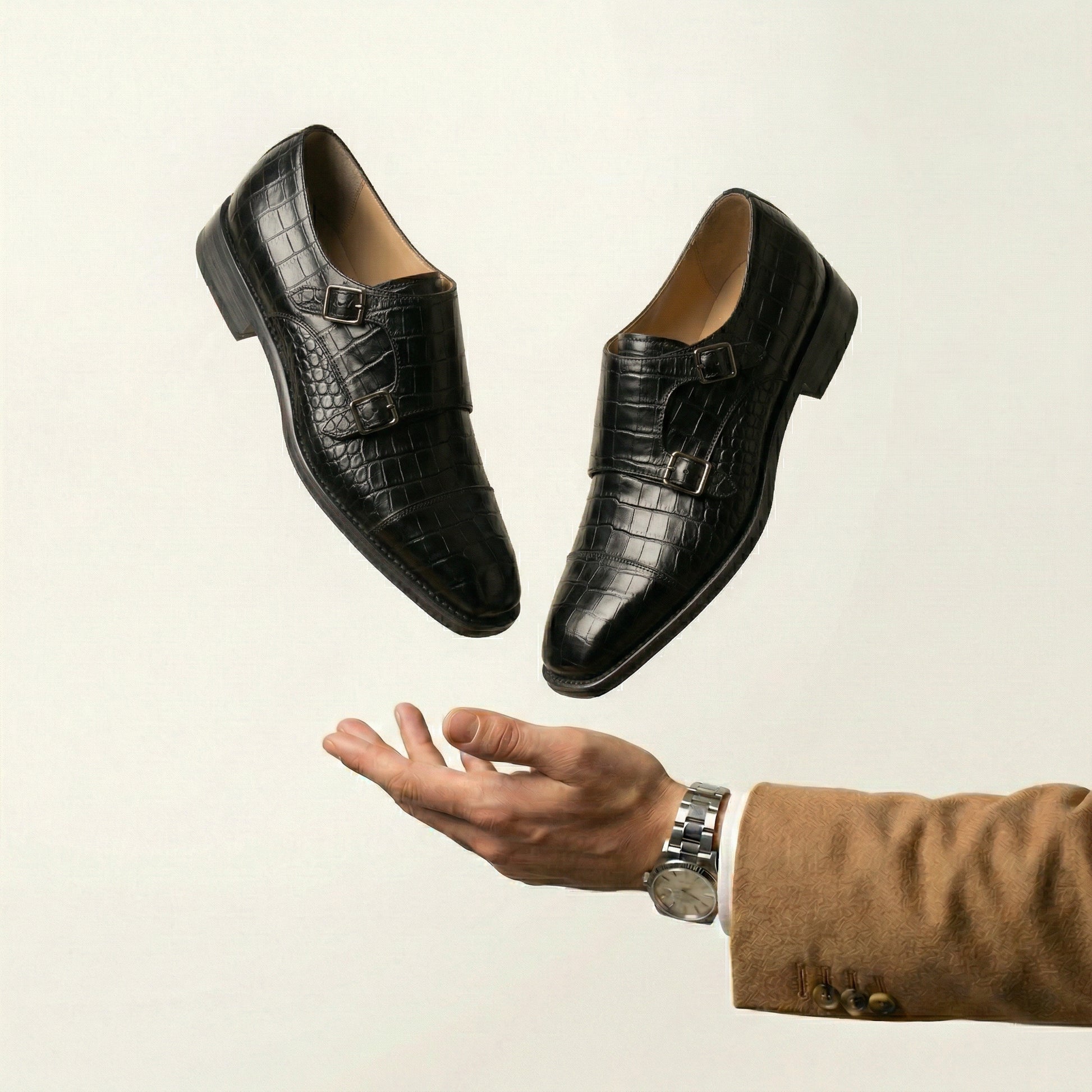 Black Croc Print Leather Lucente Double Monk Strap Shoe
